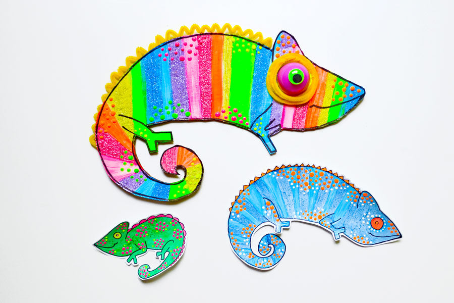 3 finished chameleon printable crafts colored with poster paint and dot paint