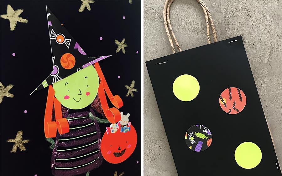 Black DIY trick or treat bag with witch and other Halloween decorations