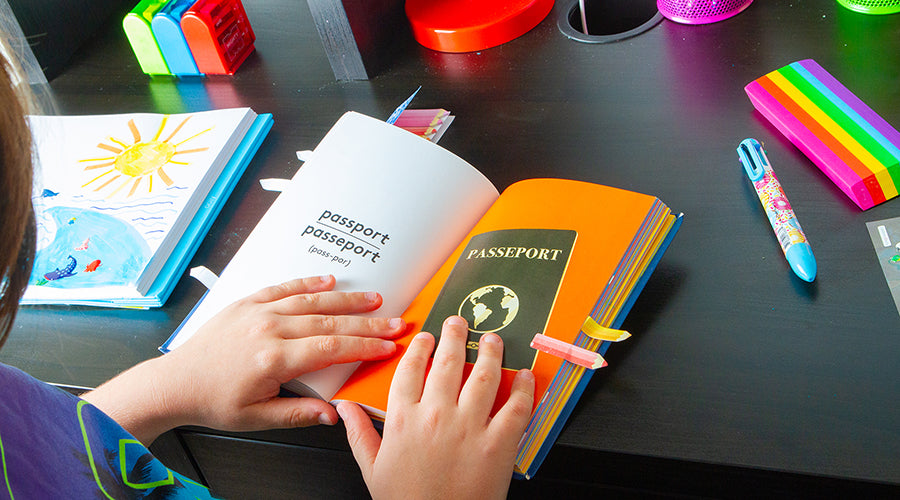 hands holding mini passport book open on dark surface