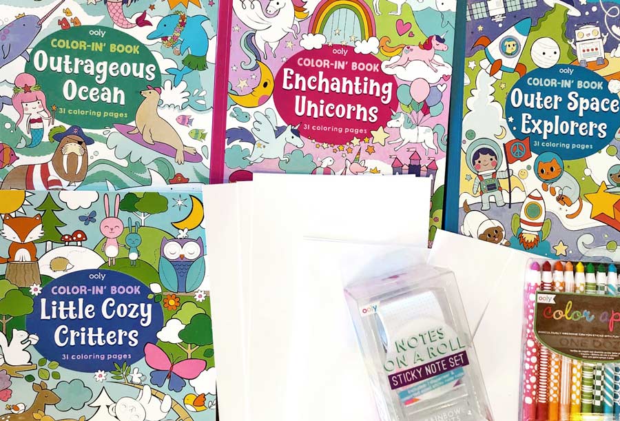 4 OOLY coloring books for kids with Notes on a Roll sticky notes and Color Appeel crayons