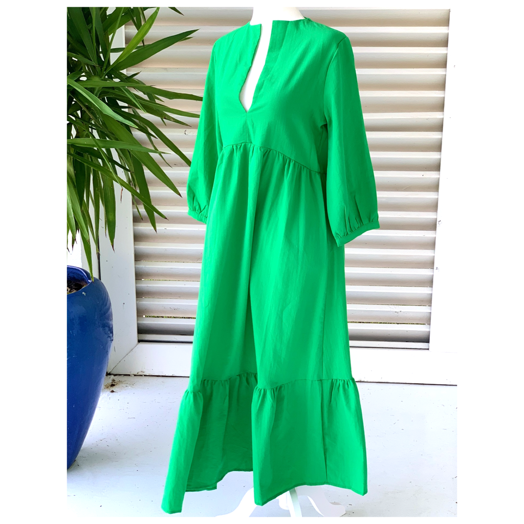 We Love Green Puff Sleeve Ruffle Hem Dress - James Ascher