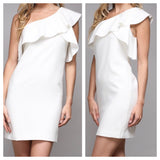 White One Shoulder Dress with Biased Ruffle on One Side