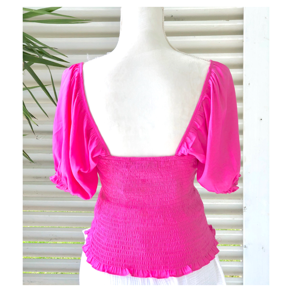 Pink Smocked Puff Sleeve Ruched Front Top - James Ascher