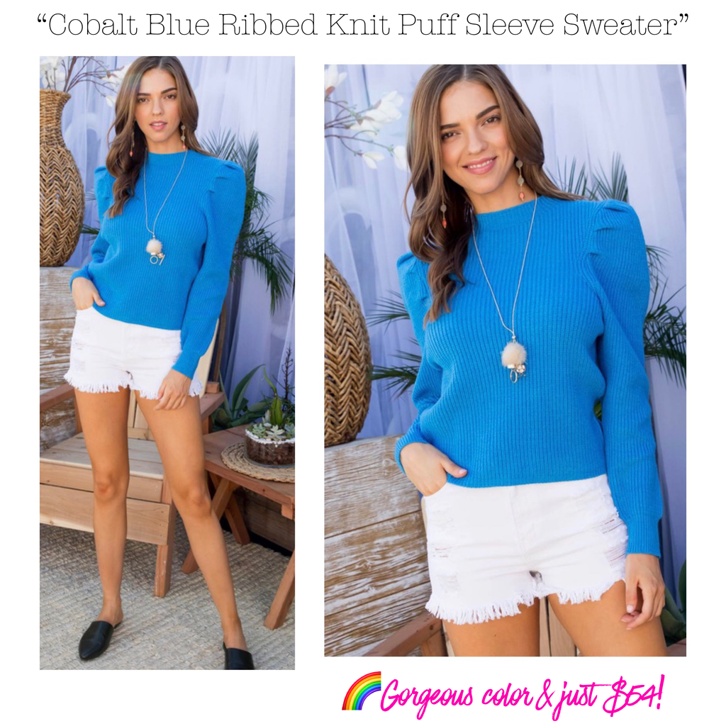 Cobalt Blue Ribbed Knit Puff Sleeve Sweater - James Ascher