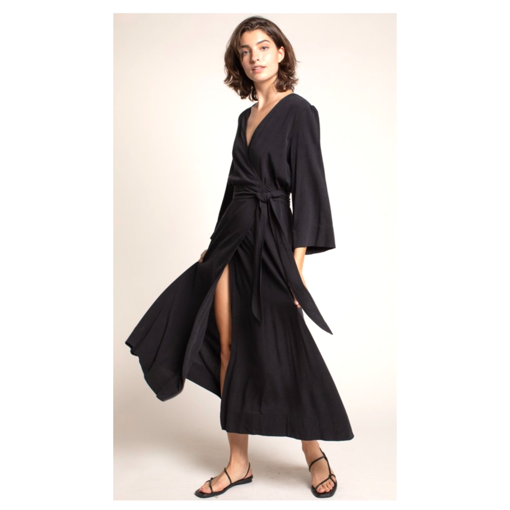 Black 3/4 Sleeve Tencel Belted Maxi Dress - James Ascher