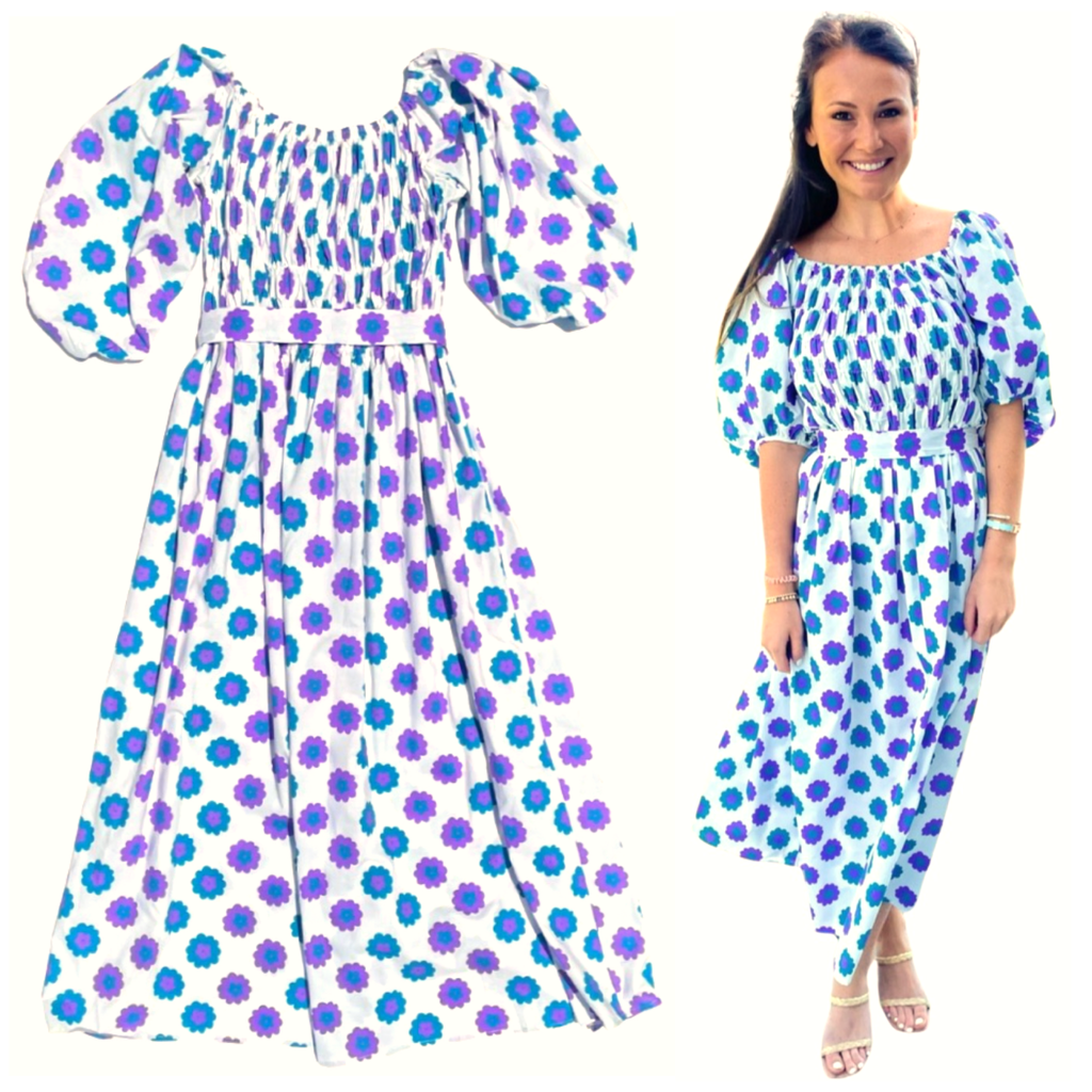 Blue & Purple Vintage Floral Puff Sleeve Tie Waist Harper Dress - James ...