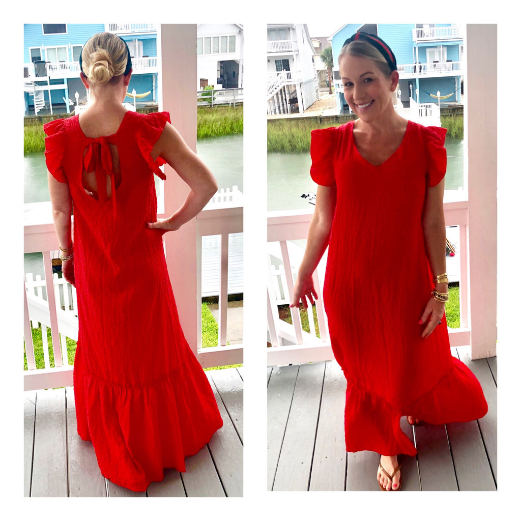 Poppy Red Textured Flutter Sleeve Ruffle Hem Maxi Dress with V-Cut Bow ...