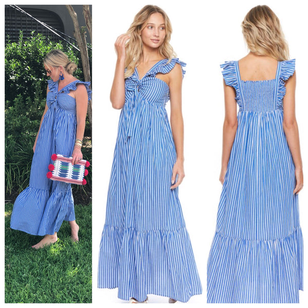 Blue White Stripe Flutter Sleeve Maxi Dress with Smocked Back - James ...