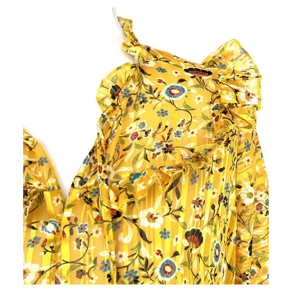 Marigold & METALLIC GOLD Floral Maxi Dress with Ruffle Neck - James Ascher