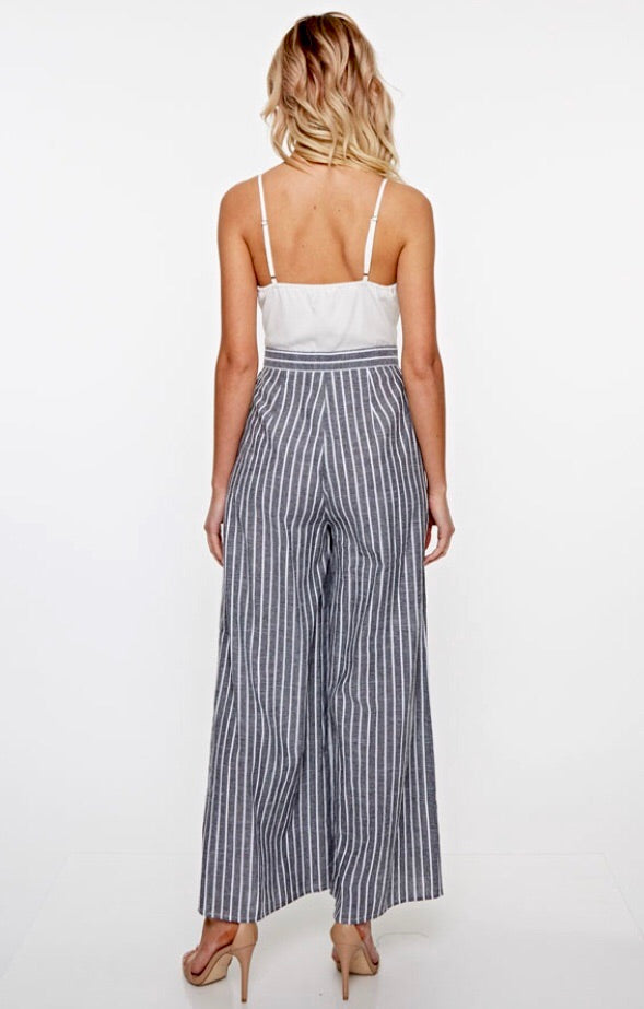 Striped Palazzo Pant Jumpsuit with Front Tie and Adjustable Straps ...