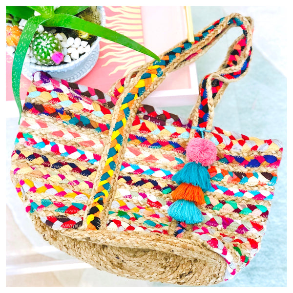 Handmade Braided Jute Rainbow Tote Bag with Tassel - James Ascher