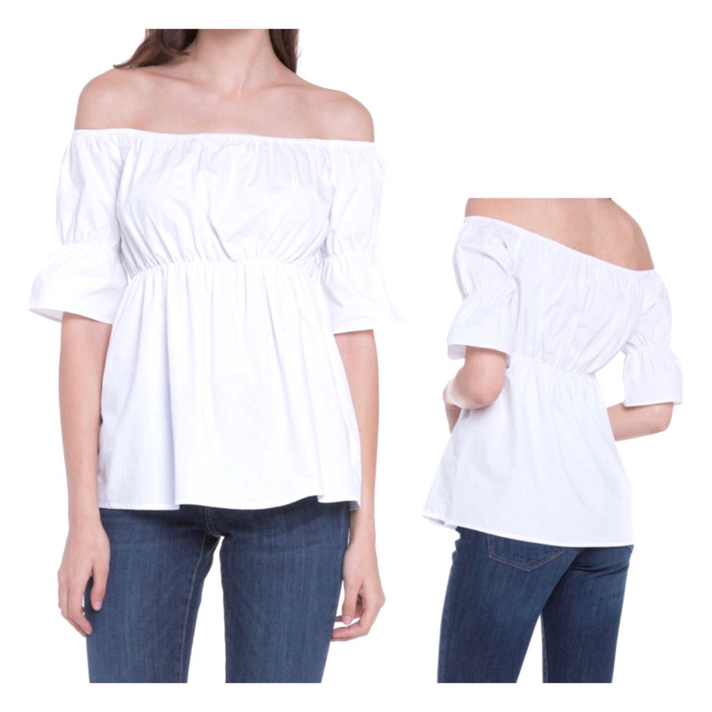 Basic Staple White Off the Shoulder 1/2 Sleeve Top with Cinched Elastic ...