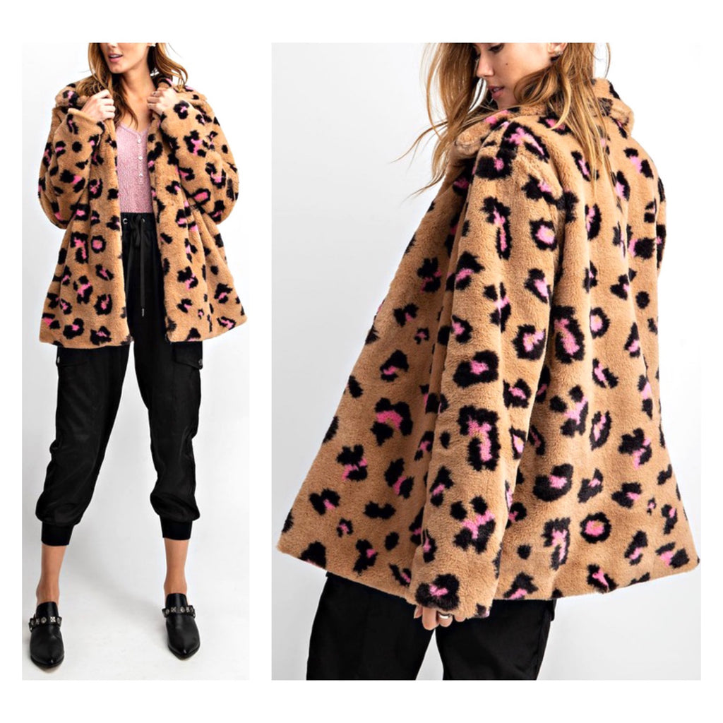 Camel Hot PINK & Black Leopard Faux Fur Swing Coat - James Ascher