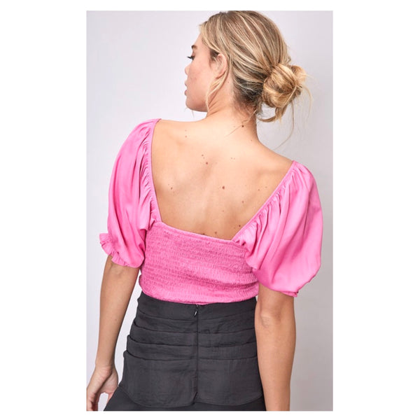 Pink Smocked Puff Sleeve Ruched Front Top - James Ascher