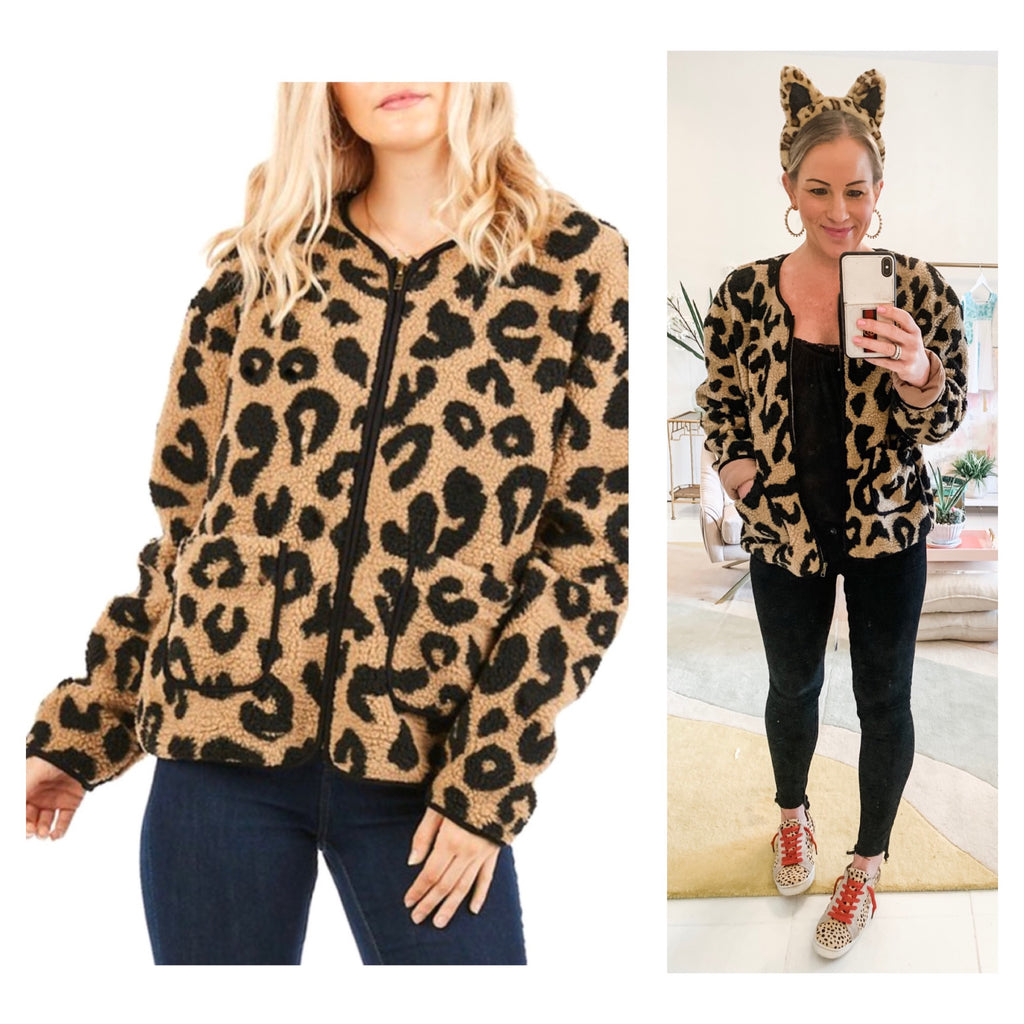 Camel & Black Leopard Print Sherpa Jacket with Front Pockets & Piped ...