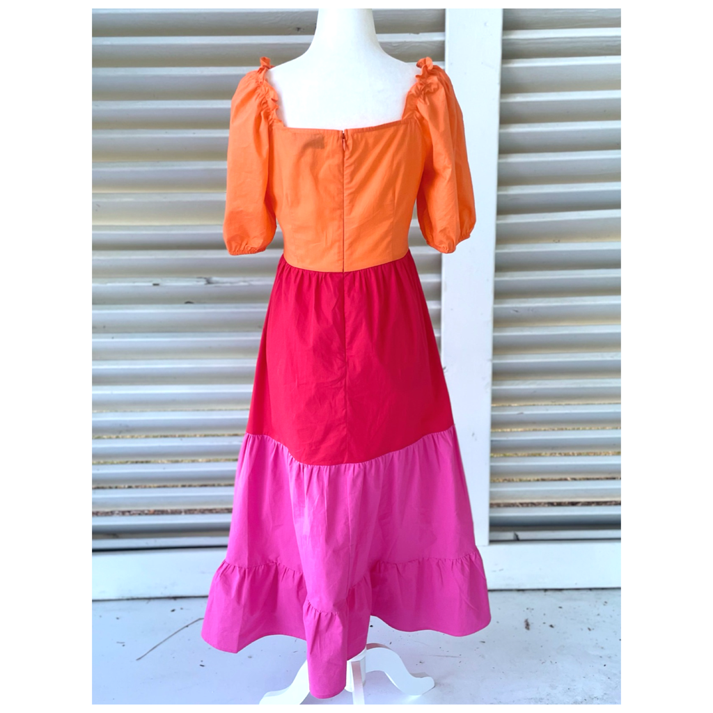 Pink Orange & Red Color Block Cotton Annie Dress with Ruffle Neck Trim ...