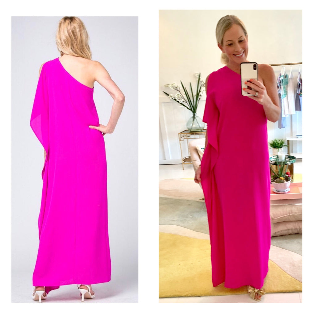 pink one shoulder maxi dress