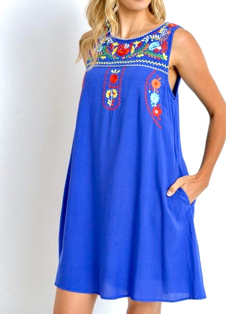 Royal Blue Sleeveless Dress with Embroidered Yoke & Pockets - James Ascher