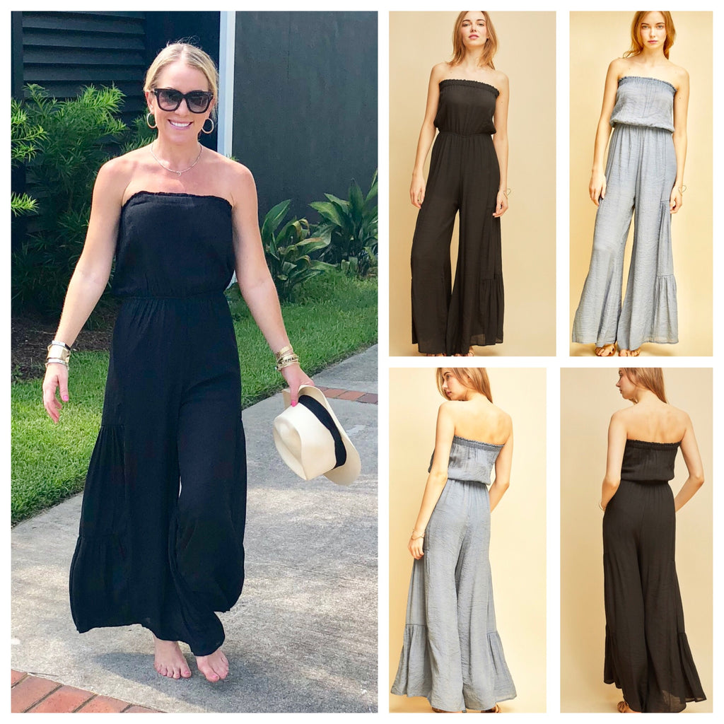 Pewter or Black Strapless Palazzo Jumpsuit with Ruffle Leg - James Ascher