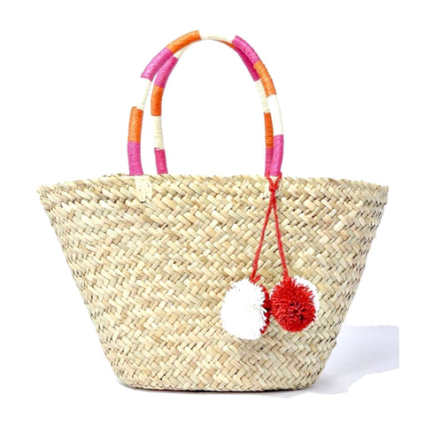 Woven Straw Tote with Pink & Orange Wrapped Handles & Detachable PomPom ...