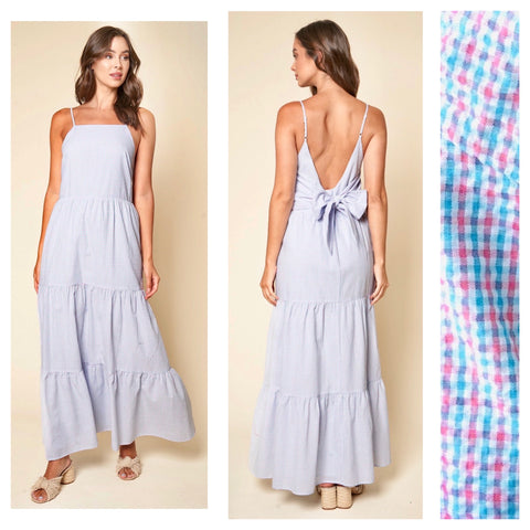 Pink & Blue Seeesucker Gingham Flutter Sleeve Dress with Bustier