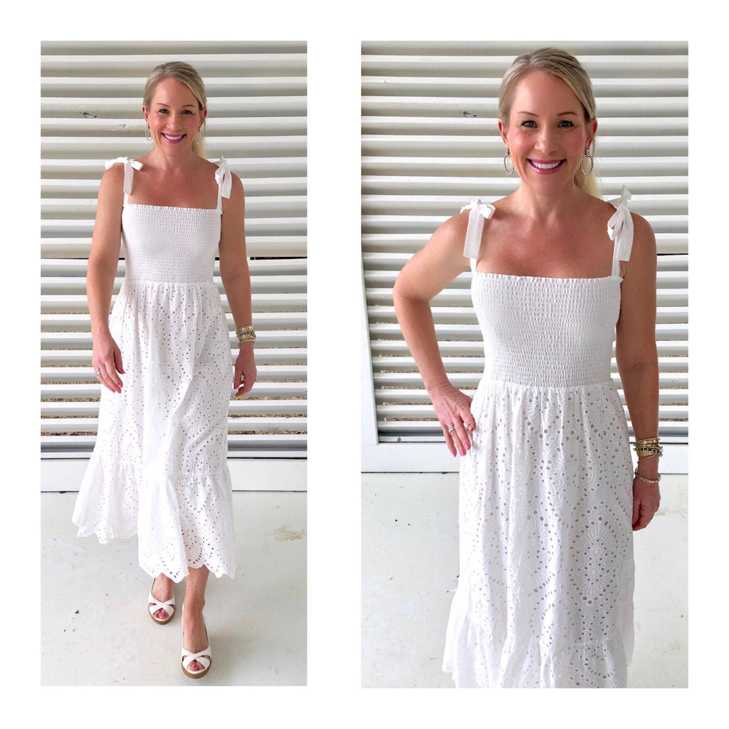 white midi eyelet dress