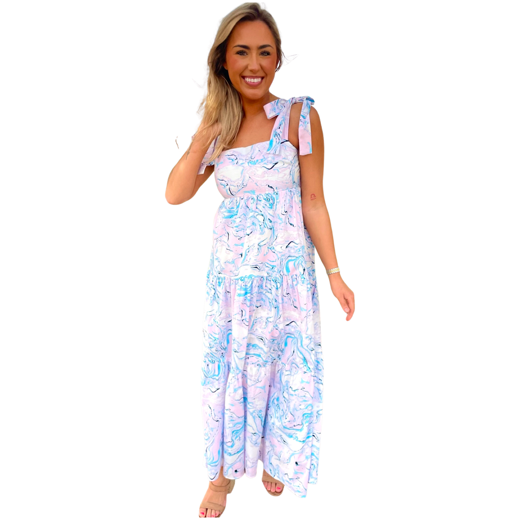 Pink & Blue Swirl Tie Shoulder Arlene Dress - James Ascher