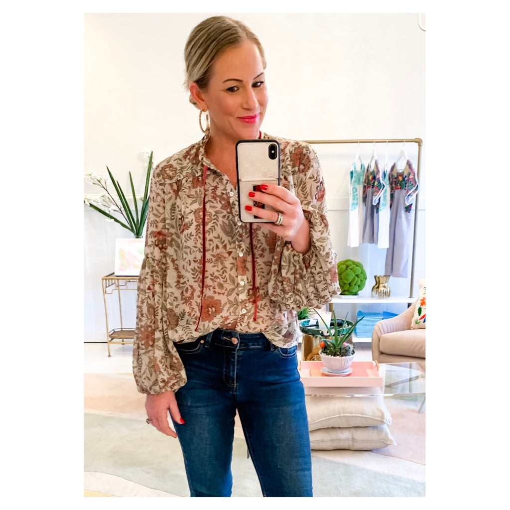 Ivory & Sage Floral Balloon Sleeve Blouse with Ruffle Neck & Burgundy ...