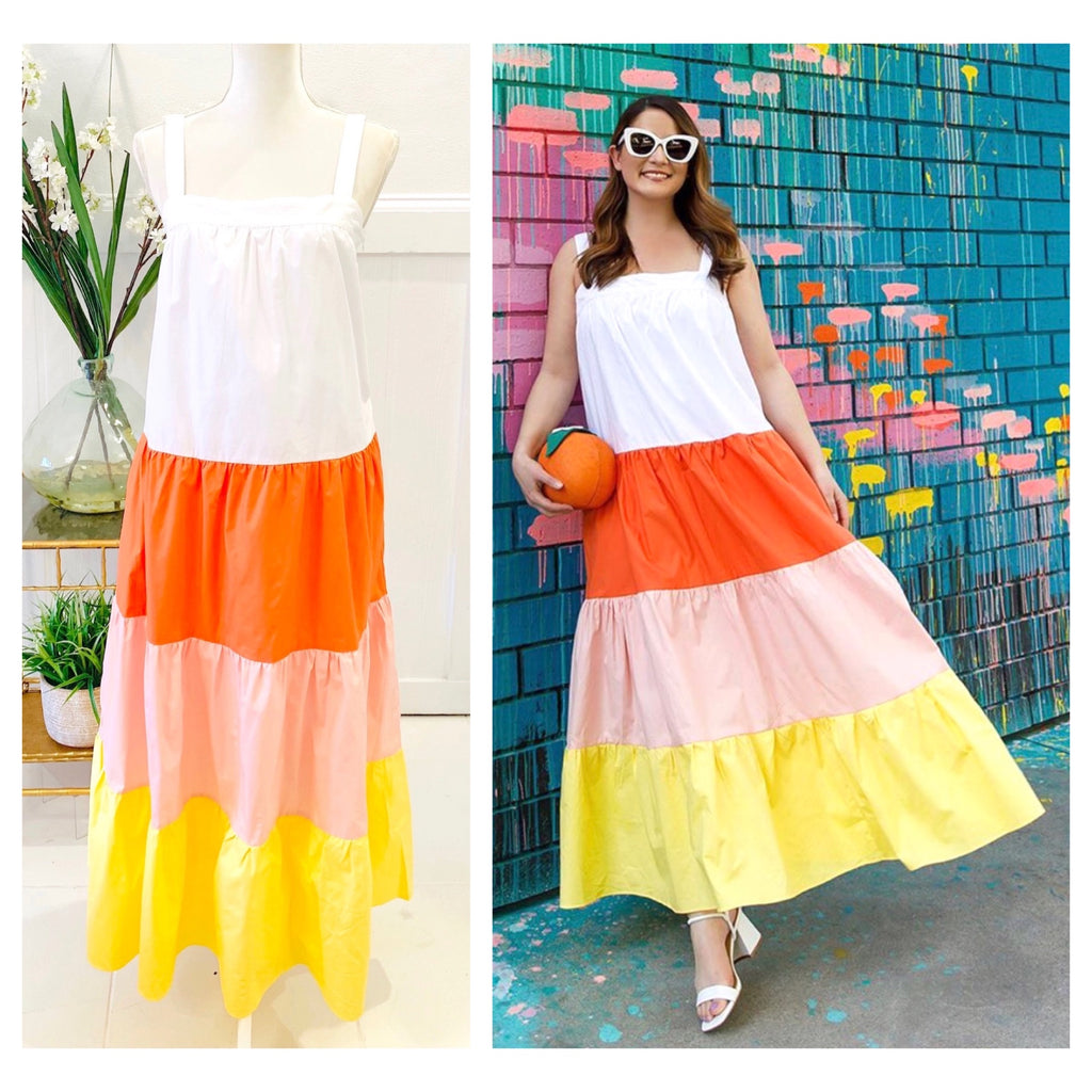 White Tangerine & Yellow Color Block Maxi Dress with Tiered Ruffle Hem ...