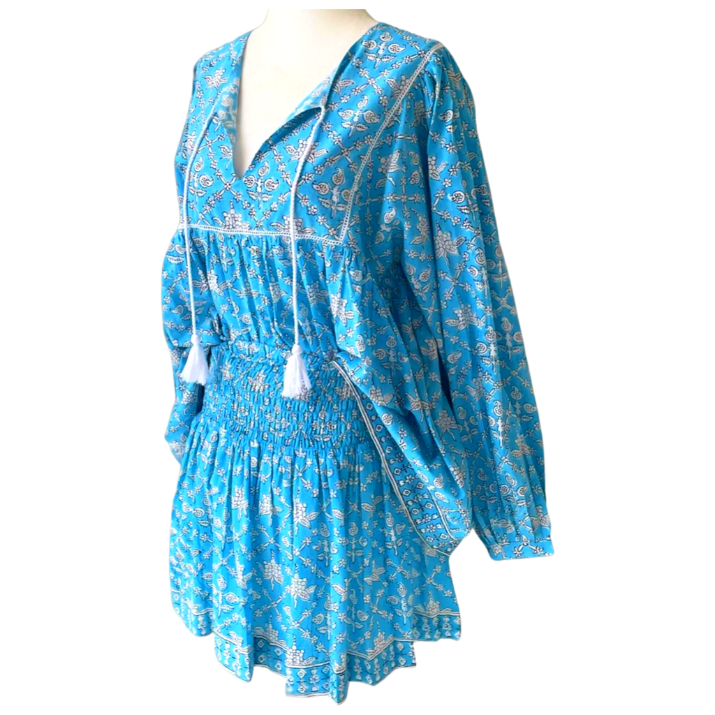 Pacific Blue Block Print Smocked Ruffle Skirt - James Ascher