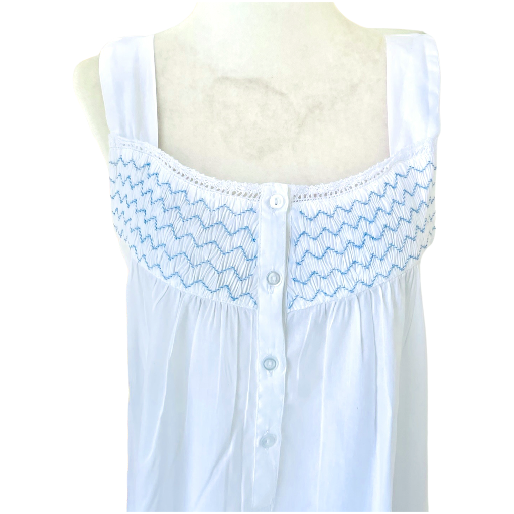 Handmade White & Blue Cotton Smocked Vicki Nightgown with Ruffle Hem ...