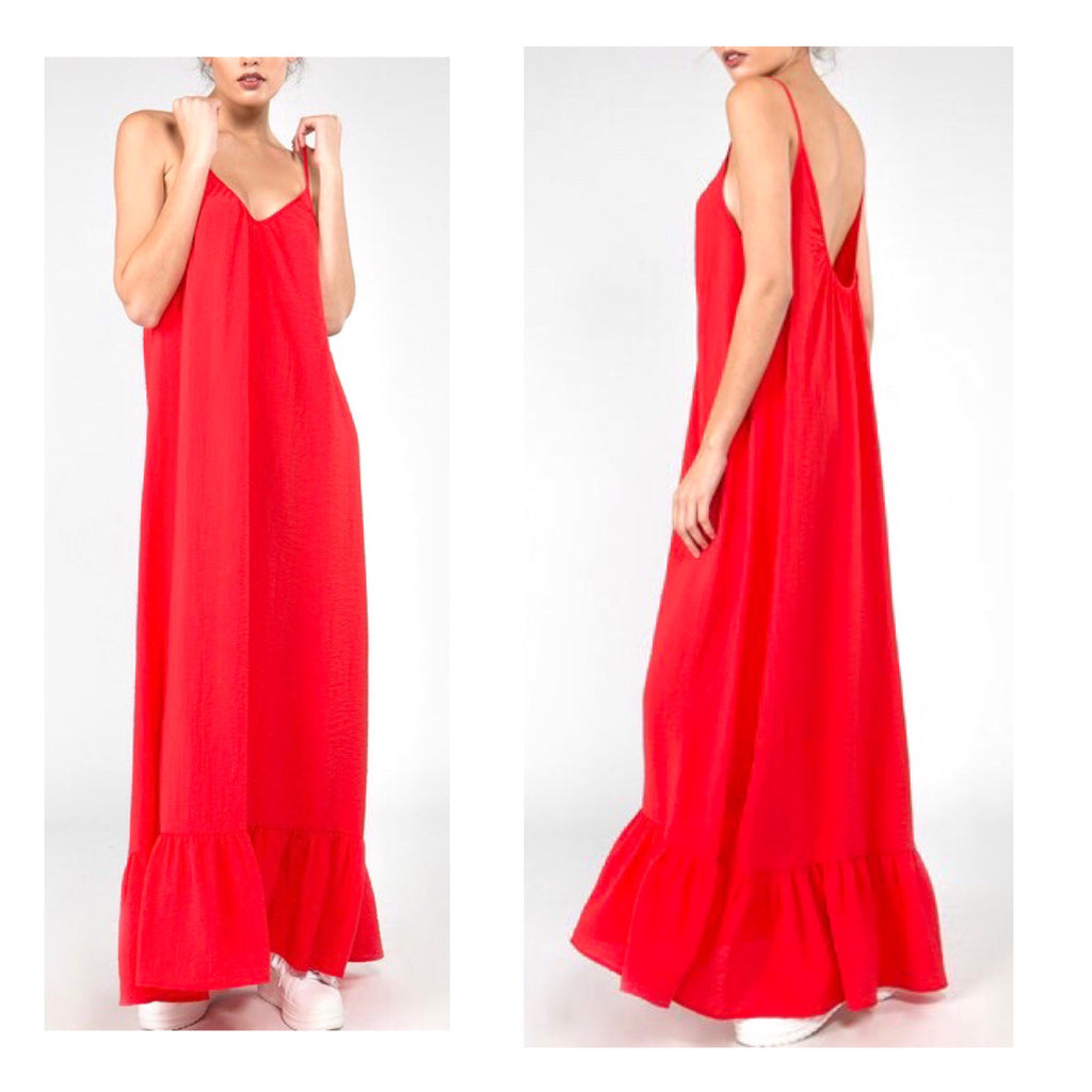 Poppy Red Textured Maxi Dress with Ruffle Hem & Open Back - James Ascher