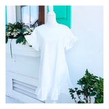 White Textured Short Sleeve Ruffle Hem Dress with Keyhole Back