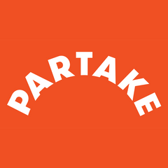 The Partake logo displayed on a vibrant orange background