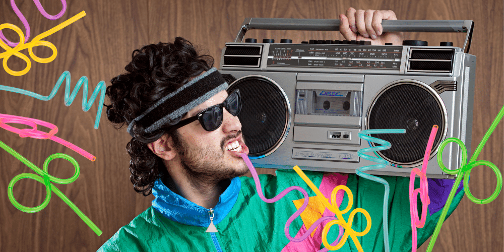 the evolution of the drinking straw, 1980's man with a big boom box stereo and colorful twisted straws