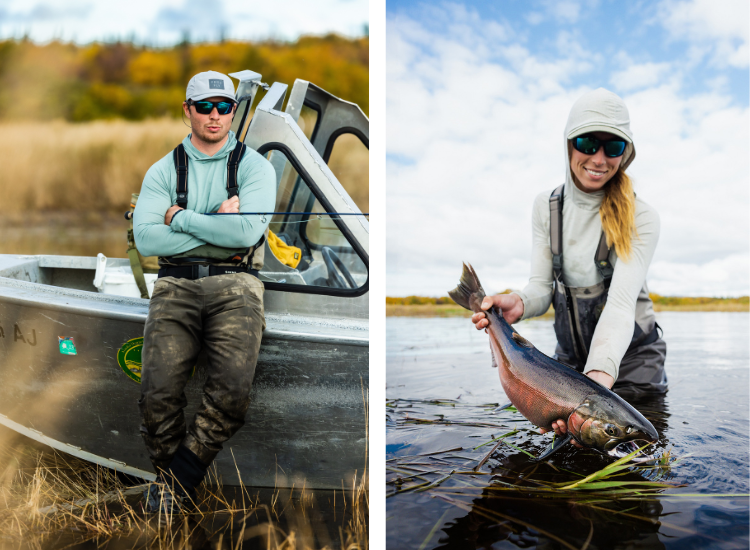 Man and Woman fishing in Free Fly fishing hoodies