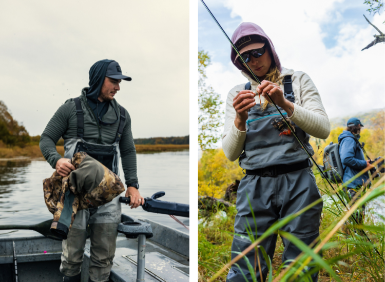 Man and Woman fishing in Free Fly's Gridback Fleece Jacket