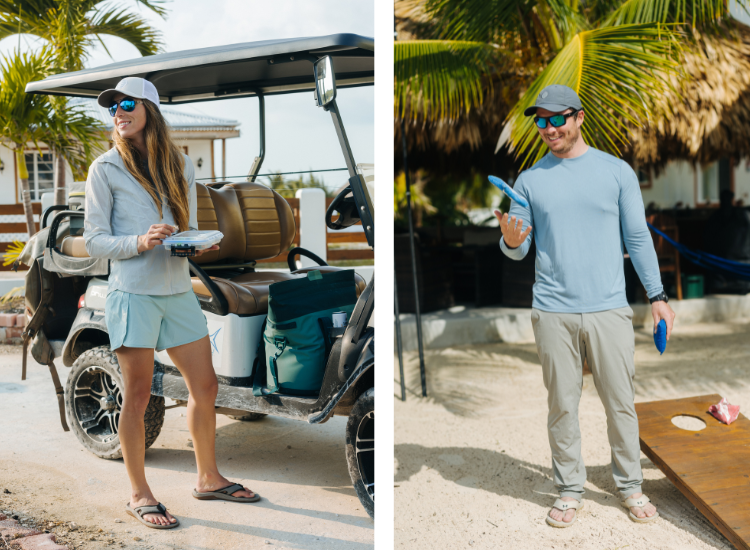 Man and woman at the beach wearing UPF sun protective apparel