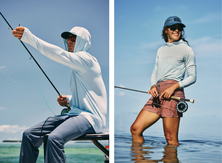 Man and woman saltwater fishing in sun protection apparel