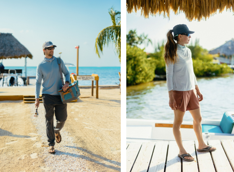 Man and woman wearing UPF sun protective apparel