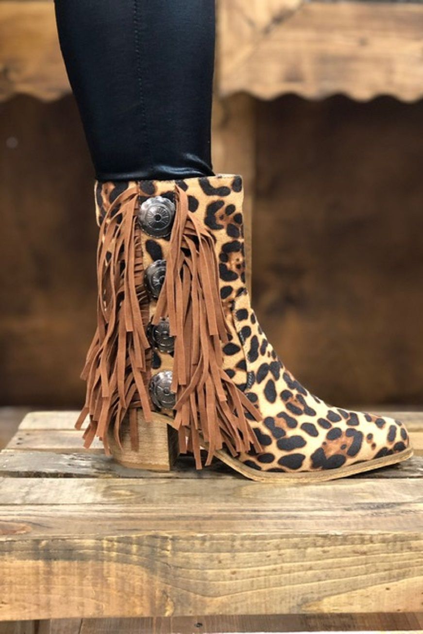 Leopard Fringe Western Booties Boots 