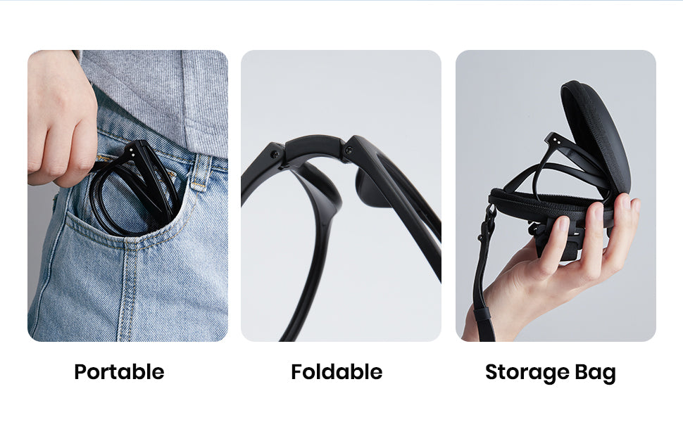 Foldable glasses are compact and easy to carry. You can conveniently slip them into your pocket, purse, or laptop bag