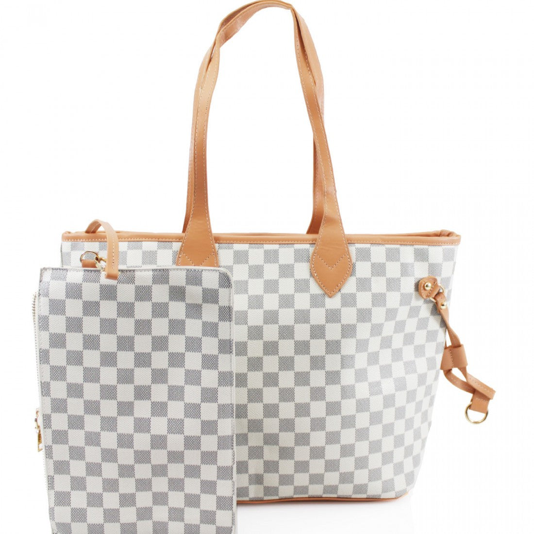 Richports Checkered Tote Shoulder Bag with Inner Pouch - PU Vegan Leather White, Women's, Size: Medium, Black
