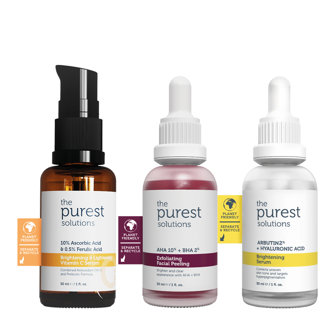 20% OFF: Brightening & Lightening Vitamin C Serum 10% Ascorbic acid & Ferulic Acid 0,5% + Exfoliating Facial Peeling AHA 10% + BHA 2% Peeling Solution +Brightening Serum Arbutin 2% + Hyaluronic Acid
