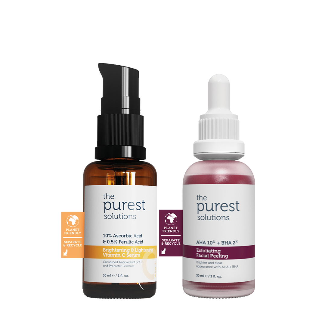 20% OFF: Brightening & Lightening Vitamin C Serum 10% Ascorbic acid & Ferulic Acid 0,5% + Exfoliating Facial Peeling AHA 10% + BHA 2% Peeling Solution