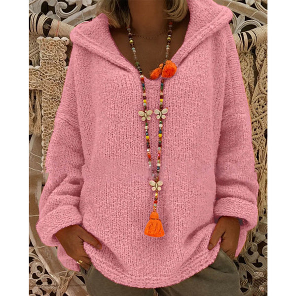 V Neck Hoodie Solid Sweet Long Sleeve Knitted Sweaters
