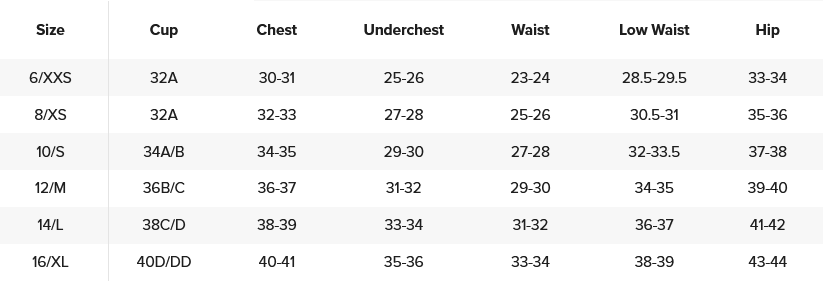 Rip Curl Women's Swimwear and Surf Suits Size Chart