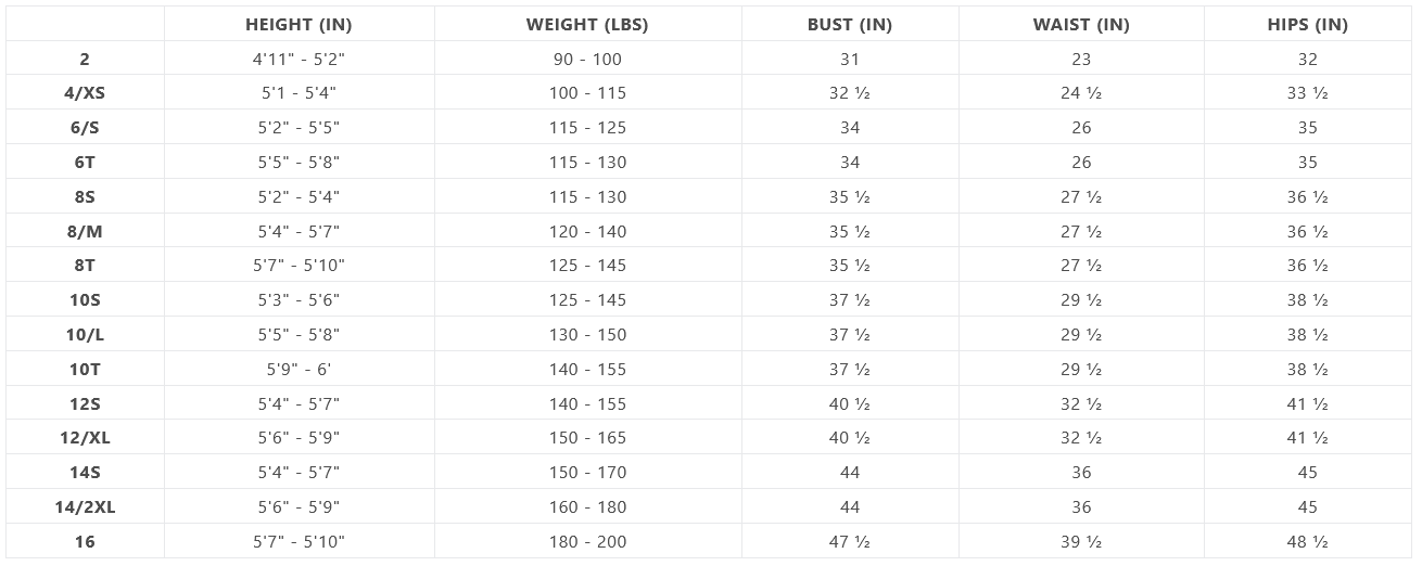 Xcel Womens Wetsuit Size Chart