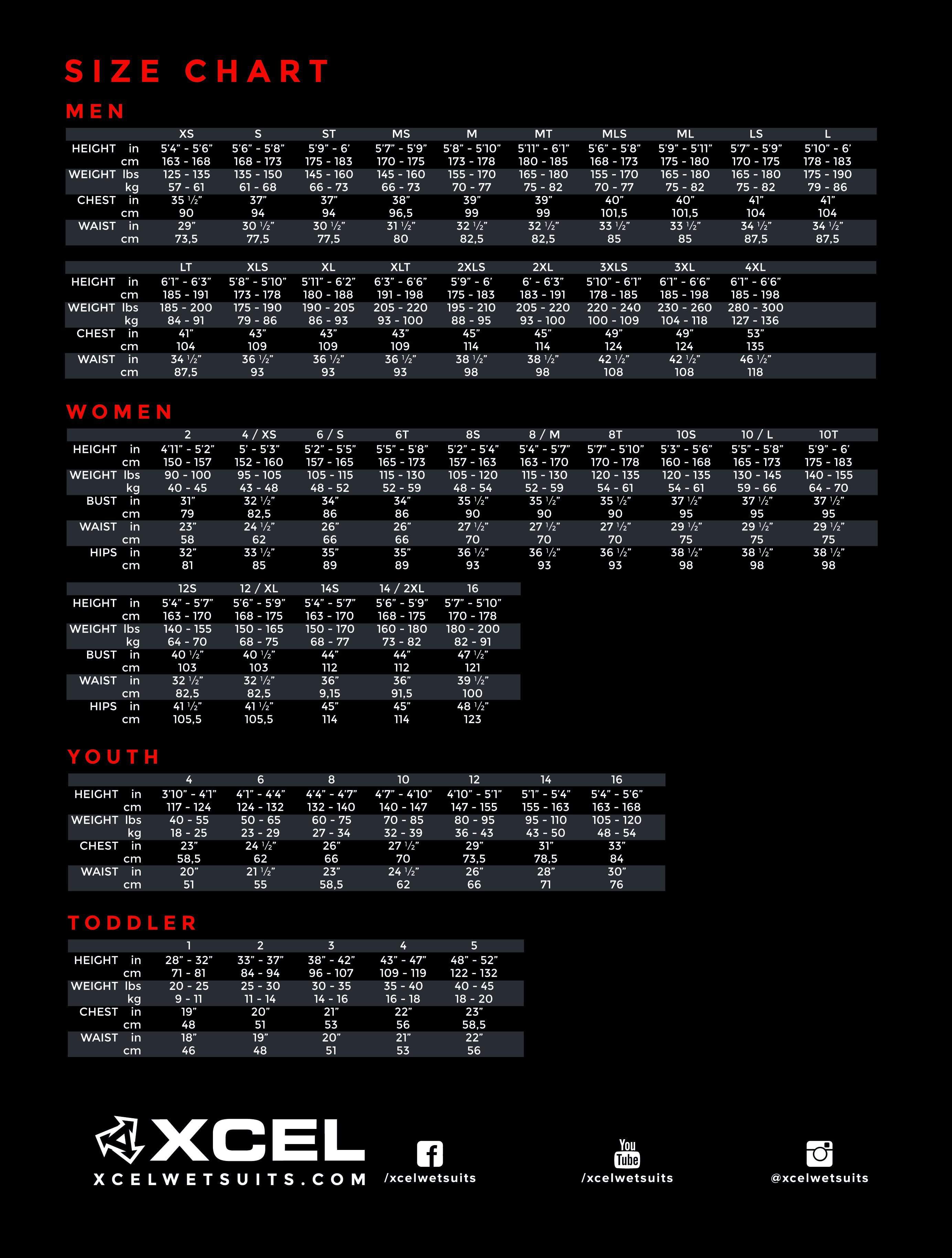 Xcel Booties Size Chart