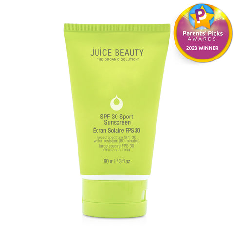 Juice Beauty SPF 30 Sport Sunscreen won the award for The Best Preschool Products of 2023 by Parents’ Picks Awards.